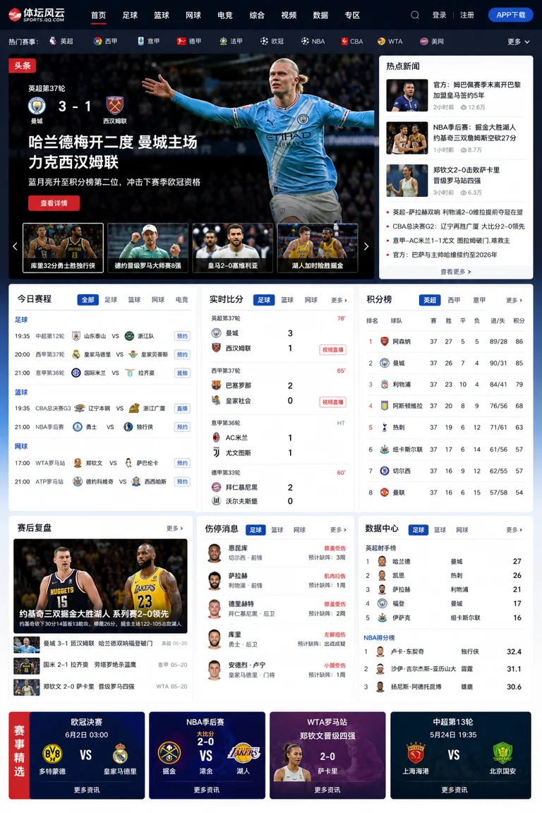 体育赛事新闻资讯页面,展示赛程、比分与球队数据的中文内容界面