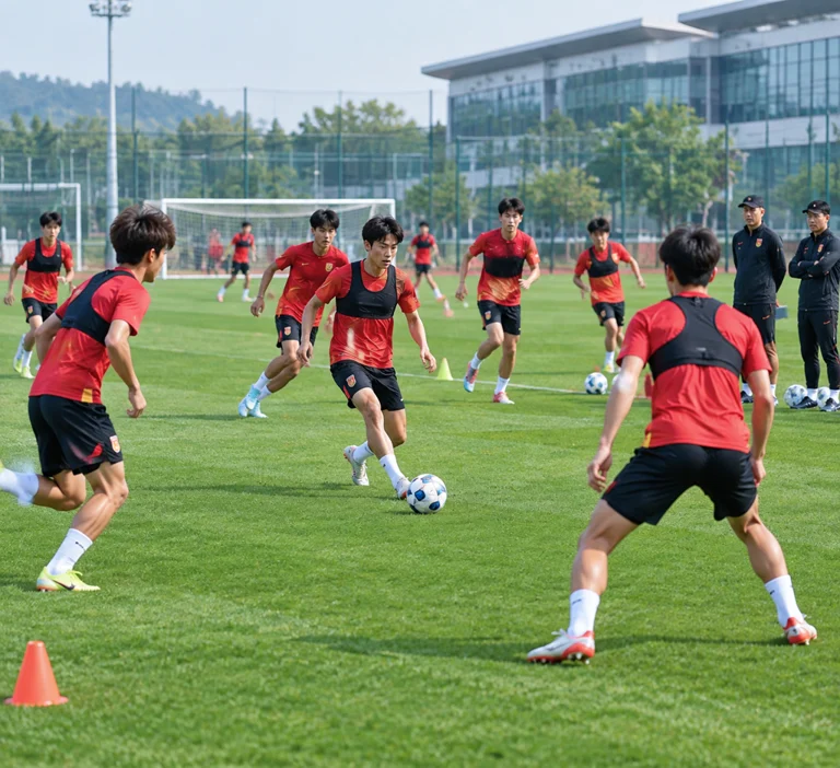 U19国家男足集训阵容进行战术演练的现场示意图