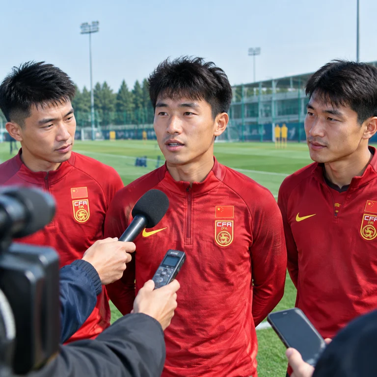韦世豪、黄晟豪与王子铭在训练前接受采访的足球新闻配图